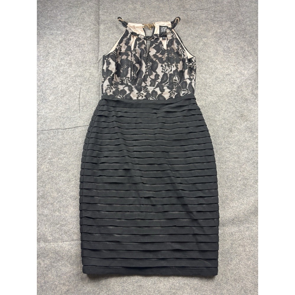 JAX Women's 4 Black Lace Striped Layered Halter Neck Cocktail Party Sheath Dress